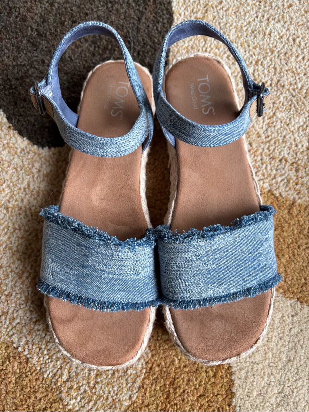 TOMS Light Blue Denim Frayed Espadrille Sandals with Ankle Strap
